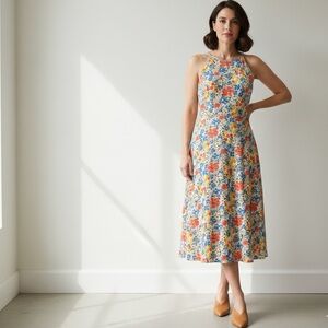 Chaps Floral Cherry Print Midi Dress Halter Sleeveless Cotton size Medium summer